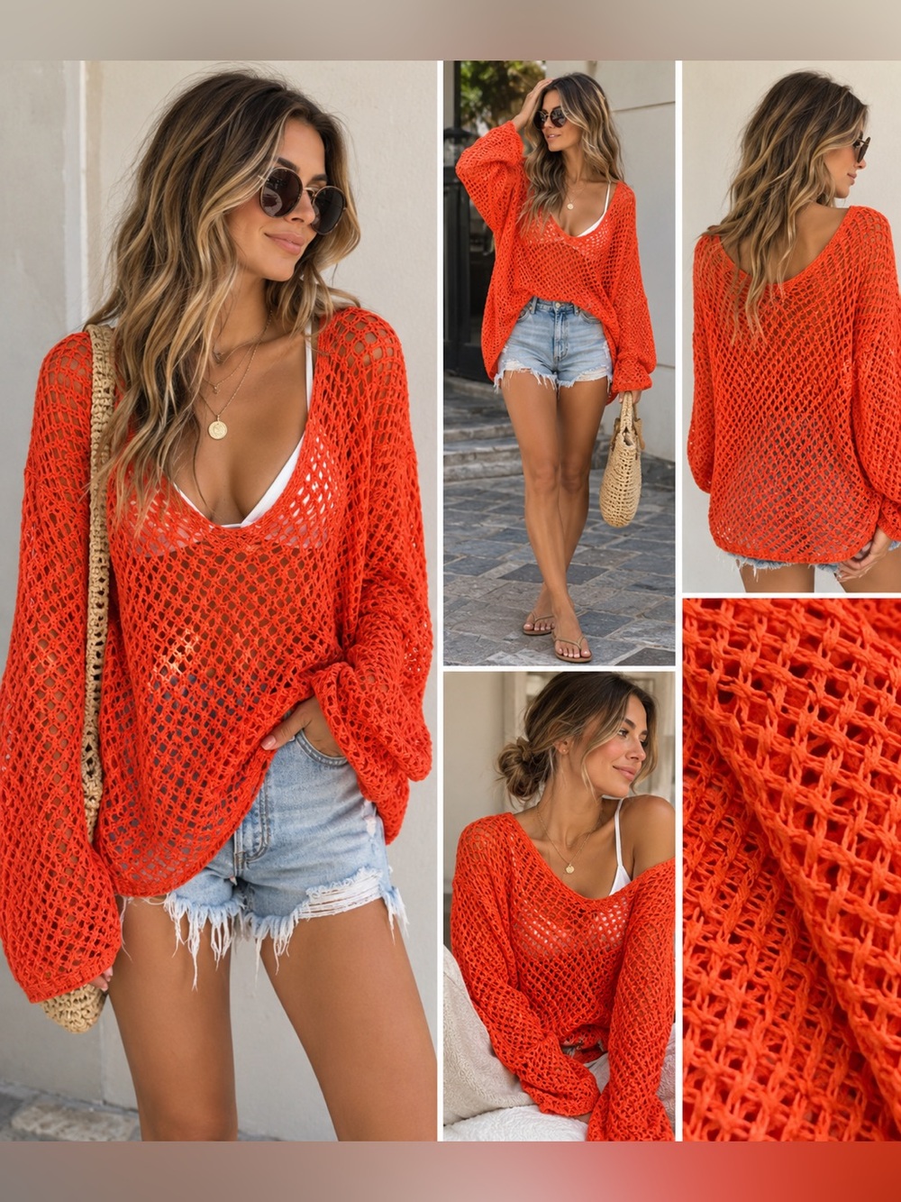 Free People NWT Orange Open Knit V-Neck Sweater XL Oversized Boho Beach